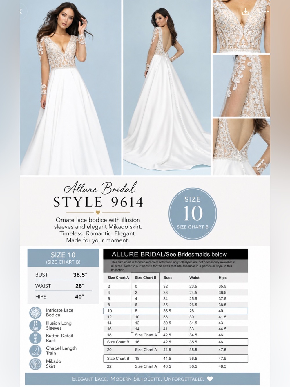 NWT Allure Bridal 9614 Lace & Mikado Wedding Dress | Elegant Open Back Gown